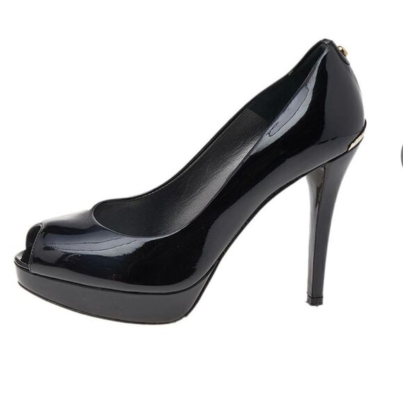 Stuart Weitzman Black Patent Leather Platform Peep Toe Pumps Size 7M - Picture 1 of 11